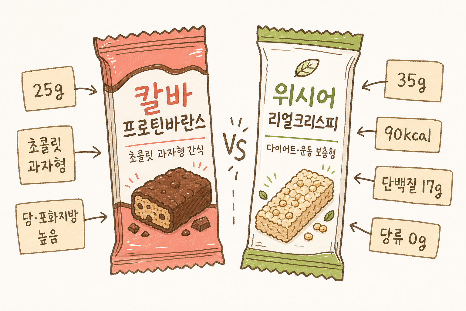 2つのプロテインバーのパッケージ正面イラスト。左のカルバ（菓子型）に矢印で「25g、チョコ菓子型、糖類・飽和脂肪高め」のラベル。右のウィシア（ダイエット型）に矢印で「35g、90k