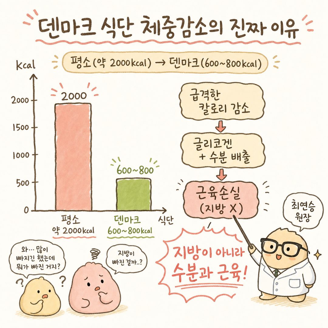 Line/bar chart showing the weight loss mechanism of a very low-calorie diet: Calorie reduction (2000→600) → Glycogen depletion → Water loss → Muscle loss sequence. Emphasizes 'water and muscle, not fat' loss.