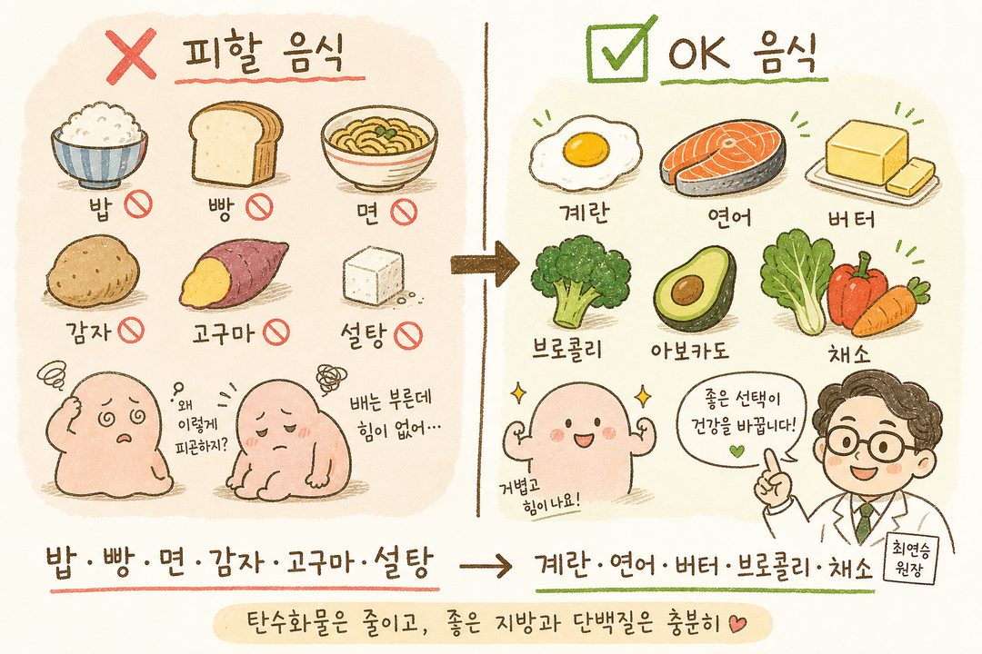 Bố cục so sánh trái và phải. Phần ❌ bên trái có nền tối hiển thị các thực phẩm cần tránh (cơm, bánh mì, mì, khoai tây, khoai lang, đường) hơi mờ hoặc kèm ký hiệu cấm. Phần ✅ bên phải hiển thị