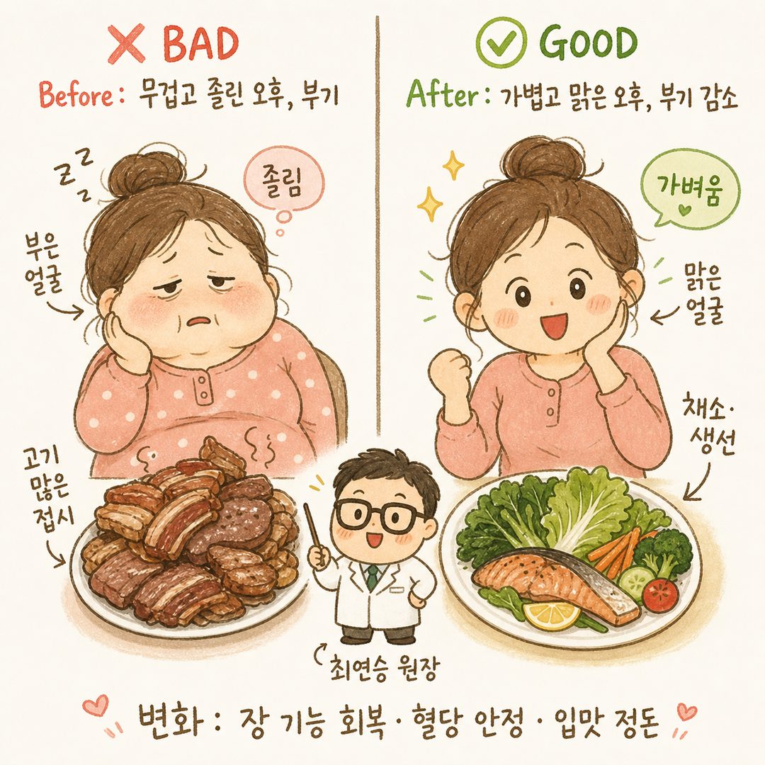 Before(❌)与After(✅)对比图 — 左侧: 表情沉重的女性角色，装满肉类的盘子，困倦的午后，面部浮肿。右侧: 同一女性表情变得活泼，蔬菜比例增加