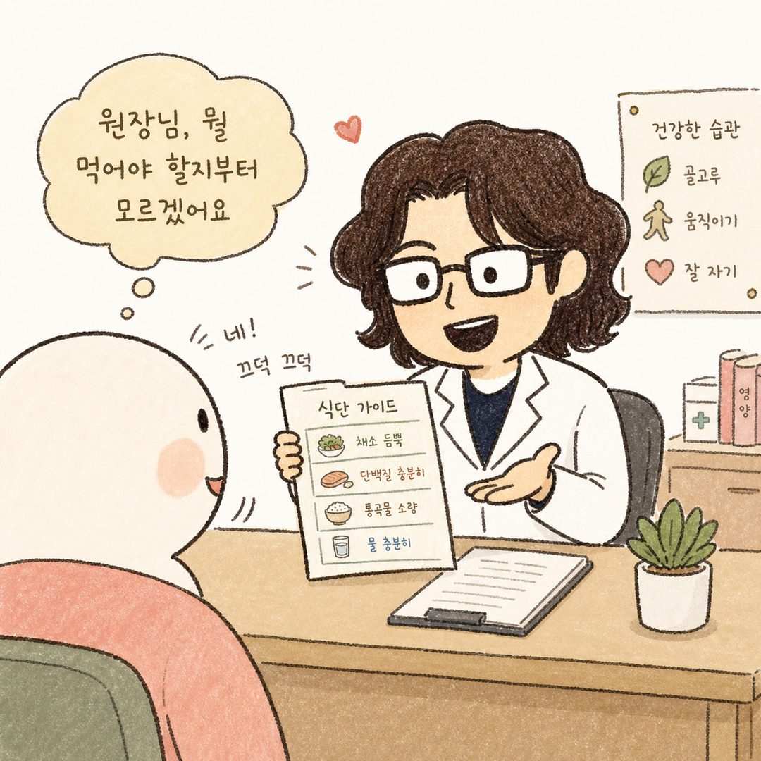 诊室场景中，女院长隔着办公桌向患者展示饮食指南并亲切讲解，患者点头倾听，表情安心且充满希望