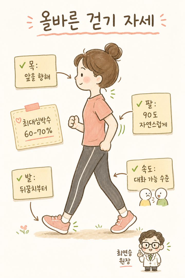 올바른 걷기 자세를 옆모습 전신 실루엣으로 표현한 라벨링 일러스트. 편한 운동화, 펴진 등, 자연스러운 팔 움직임(90도), 편한 보폭을 화살표와 텍스트로 표시. '목은 앞을 향해