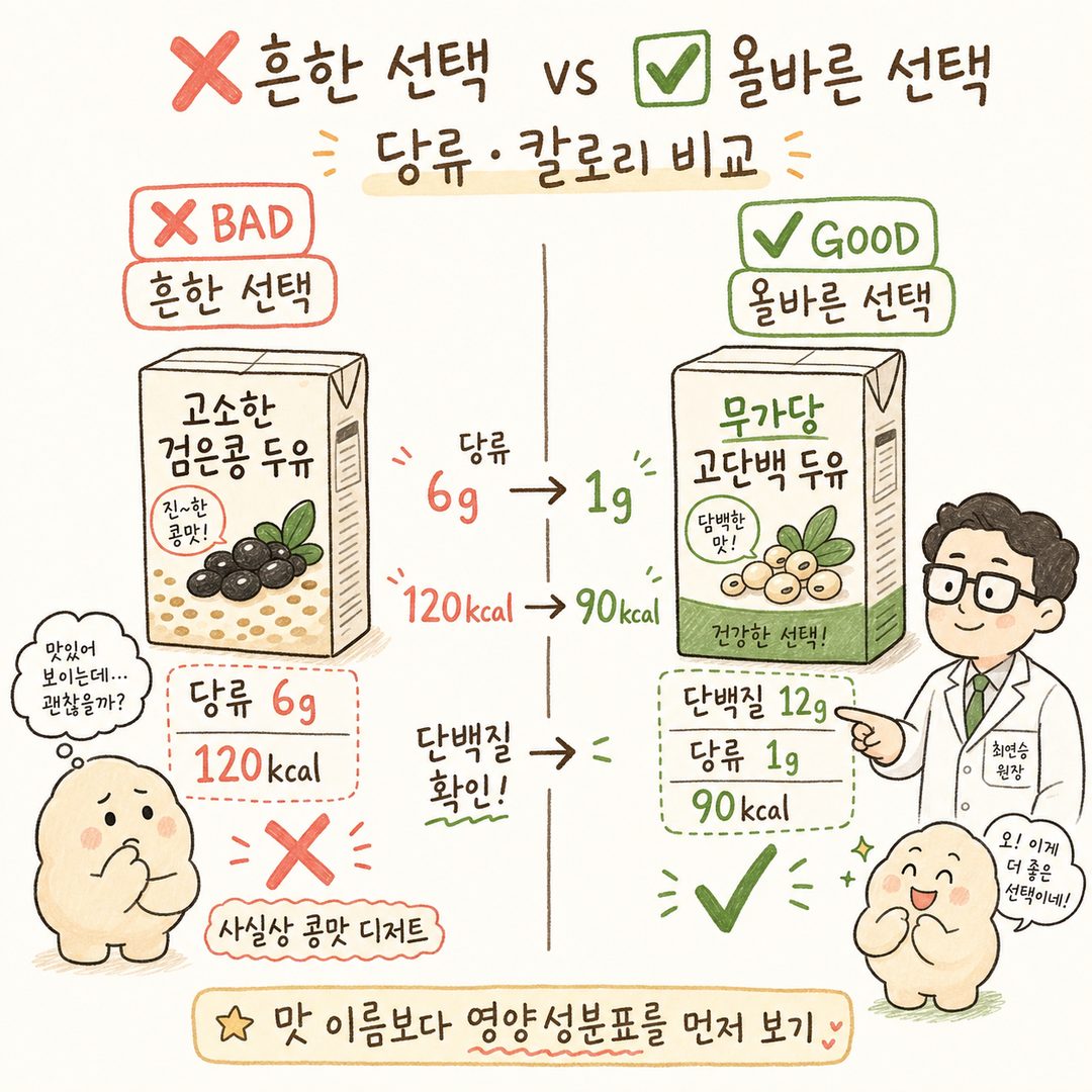 對比圖：左側為「香濃黑豆漿 — 糖分 6g，熱量 120kcal」照片 + ❌ 標記 + 「實際上是豆味甜點」文字；右側為「無糖高蛋白豆漿 — 蛋白質 12g，糖分 1g」照片 + ✅ 標記 + 「減肥首選」文字。