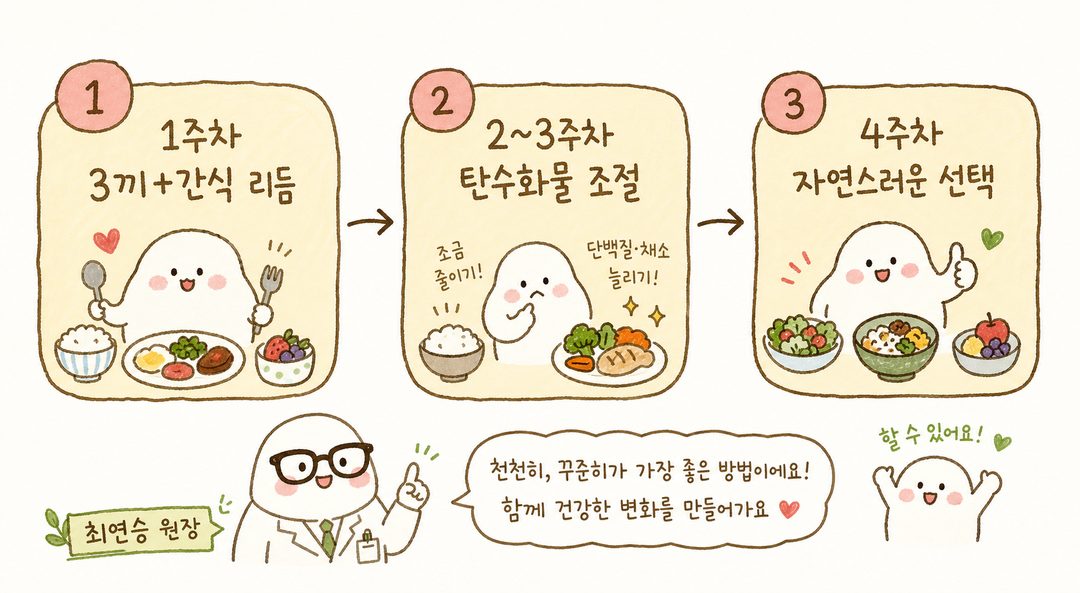 4주 식단 루틴의 진행 흐름을 순서도로 표현 — 1주차(3끼+간식 리듬) → 2~3주차(탄수화물 점진 조절) → 4주차(자연스러운 식사 선택) 화살표 연결 플로우