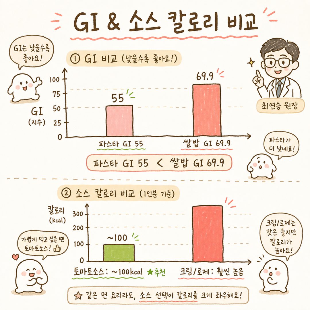 兩部分圖表：(上方) GI值比較圖 - 義大利麵 55 vs 米飯 69.9 的長條圖。(下方) 各類醬料熱量比較 - 番茄醬 100kcal (綠色，低)，奶油/粉紅醬熱量較高