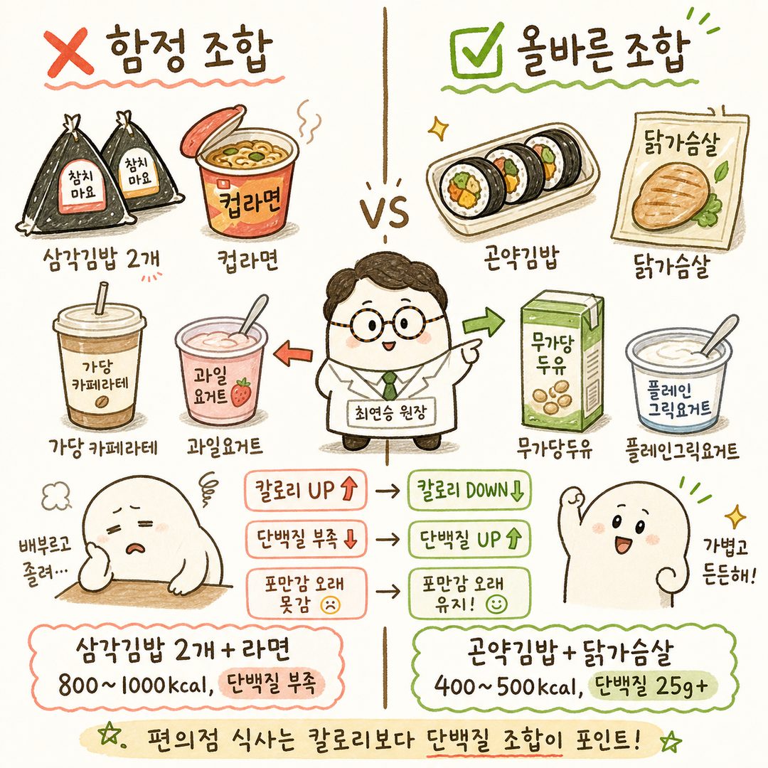 左右(❌) vs (✅) 两列对比布局：左侧为陷阱组合(2个三角饭团+杯面+含糖拿铁+水果酸奶)色调暗淡，右侧为正确组合(魔芋紫菜包饭+鸡胸肉+无糖豆奶)色调明亮