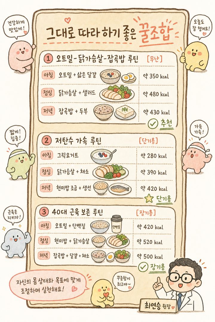 咖啡厅菜单风格的3种食谱组合卡片布局 — 各组合区分早/中/晚餐，配有简单的食物插图（燕麦、鸡胸肉、玄米饭等），卡片右侧标注特点
