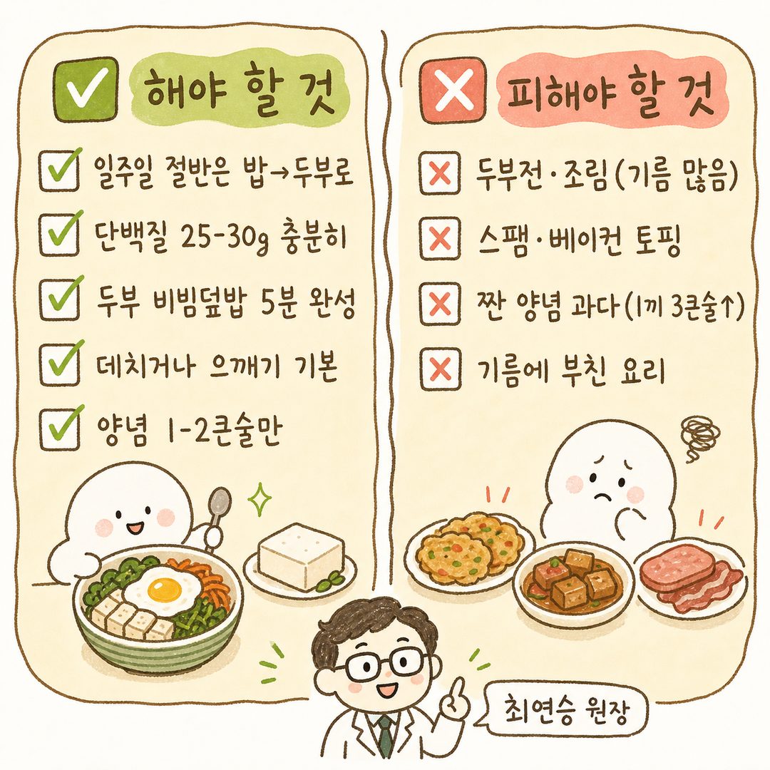 체크리스트 형태로 '해야 할 것(✅)'과 '피해야 할 것(✗)'을 좌우로 분리. 5개 실천 포인트를 명확한 체크박스와 엑스 마크로 시각화. 글자 크고 한눈에 읽기 쉬운 레이아웃