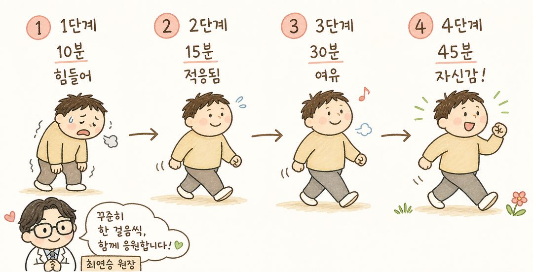 환자의 걷기 진행 과정을 4단계로 표현한 시퀀스 일러스트. 1단계(피곤한 표정, 10분), 2단계(조금 나아진 표정, 15분), 3단계(여유로운 표정, 30분), 4단계(자신감 넘