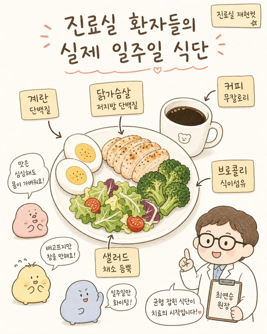 Ảnh tái hiện thực đơn tại phòng khám: 2 quả trứng luộc, ức gà, súp lơ xanh, salad và một tách cà phê đen được bày trên đĩa/cốc trắng. Bên cạnh mỗi nguyên liệu có mũi tên và nhãn thông tin dinh dưỡng (Trứng=Protein, Cà phê=Không calo, v.v.)