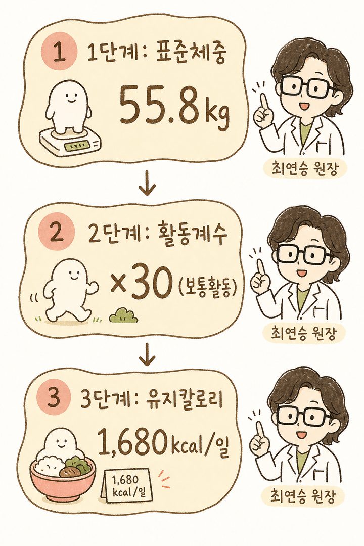 3단계 계산 순서를 화살표로 순차적으로 연결한 플로우 차트. 1단계(표준체중 55.8kg) → 2단계(활동계수 ×30 선택) → 3단계(유지칼로리 1,680kcal) 순으로 진행.
