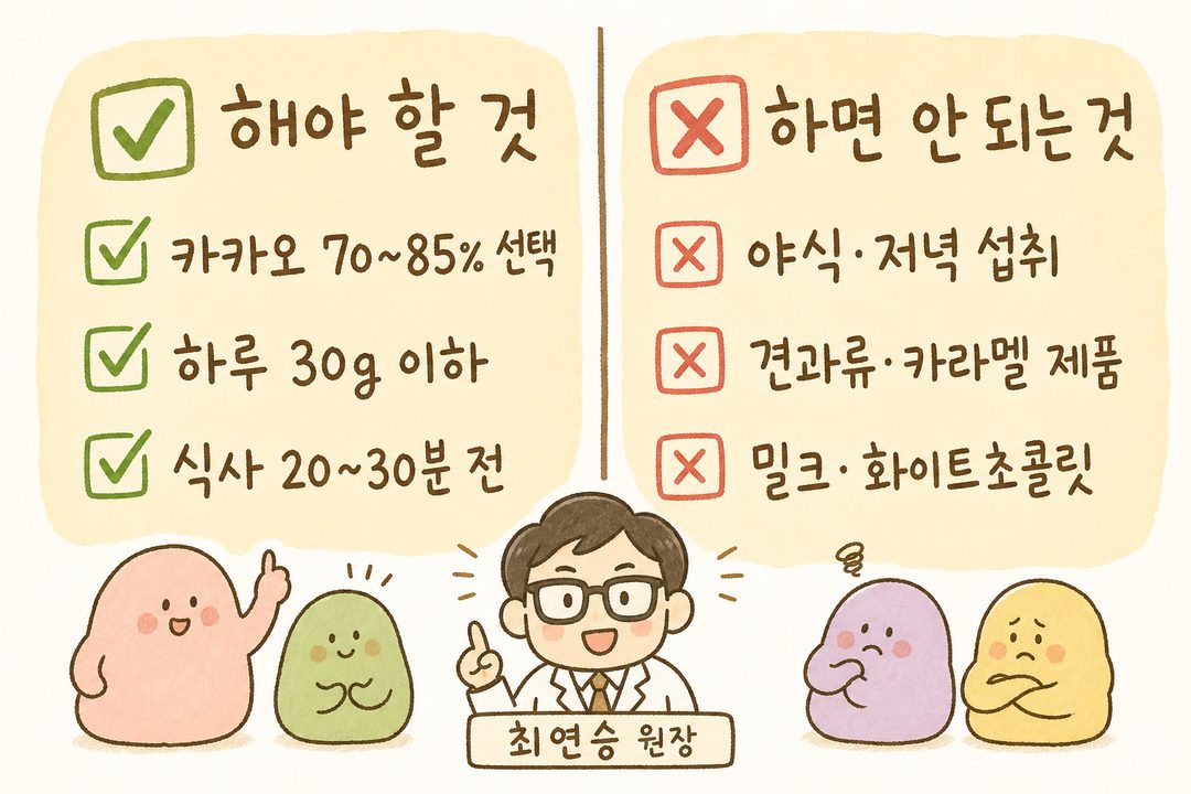 So sánh Nên làm (Kiểm tra cacao 70~85%, dưới 30g/ngày, ăn 20-30 phút trước bữa ăn) vs Không nên làm (Ăn đêm/buổi tối, sô-cô-la hạt/caramel, sô-cô-la sữa/trắng)