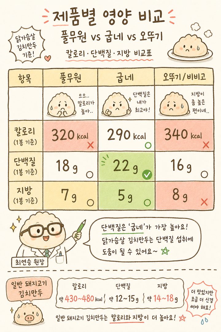 Comparison table of nutritional content for 3 commercial chicken breast kimchi dumpling products (Pulmuone, Goobne, Ottogi/Bibigo). X-axis: product names, Y-axis: calories, protein, fat. High protein is highlighted