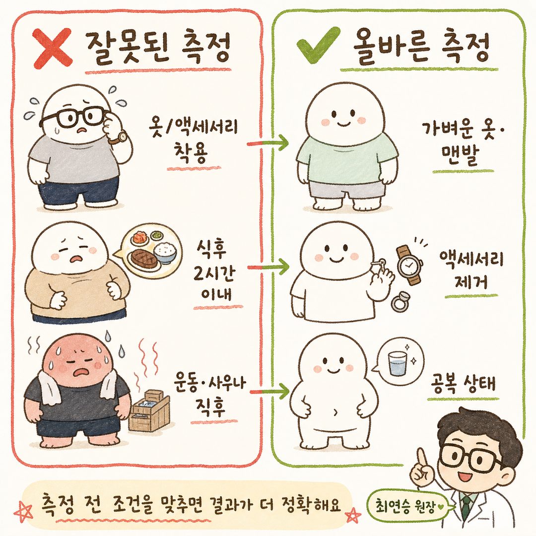 Hình ảnh chia đôi màn hình, bên trái có viền đỏ và dấu ❌ biểu thị 'điều kiện đo sai' (mặc quần áo dày, đeo đồng hồ, sau khi ăn, ngay sau khi tập thể dục), bên phải có viền xanh và dấu ✅ biểu thị 'điều kiện đo đúng'