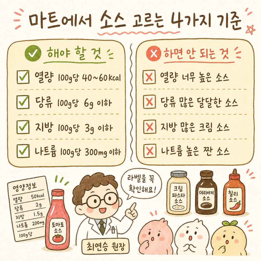 마트 성분표 읽기 체크리스트: 4가지 기준(열량·당류·지방·나트륨)을 ☑️ 아이콘으로 표시. 각 항목 옆에 OK 범위값 명확히 기재. 진료실 기준안 톤