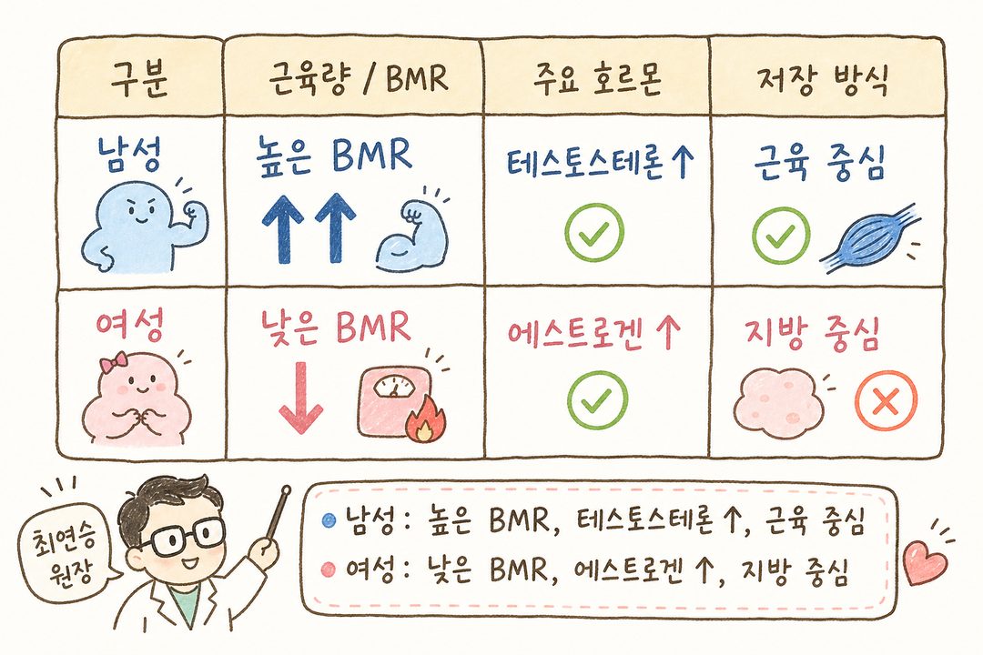 顯示男性 vs 女性在代謝、荷爾蒙、儲存方式差異的 2行 4列 比較表。包含肌肉量、基礎代謝率(BMR)、主要荷爾蒙(睪固酮/雌激素)、能量儲存方式的數值與圖示