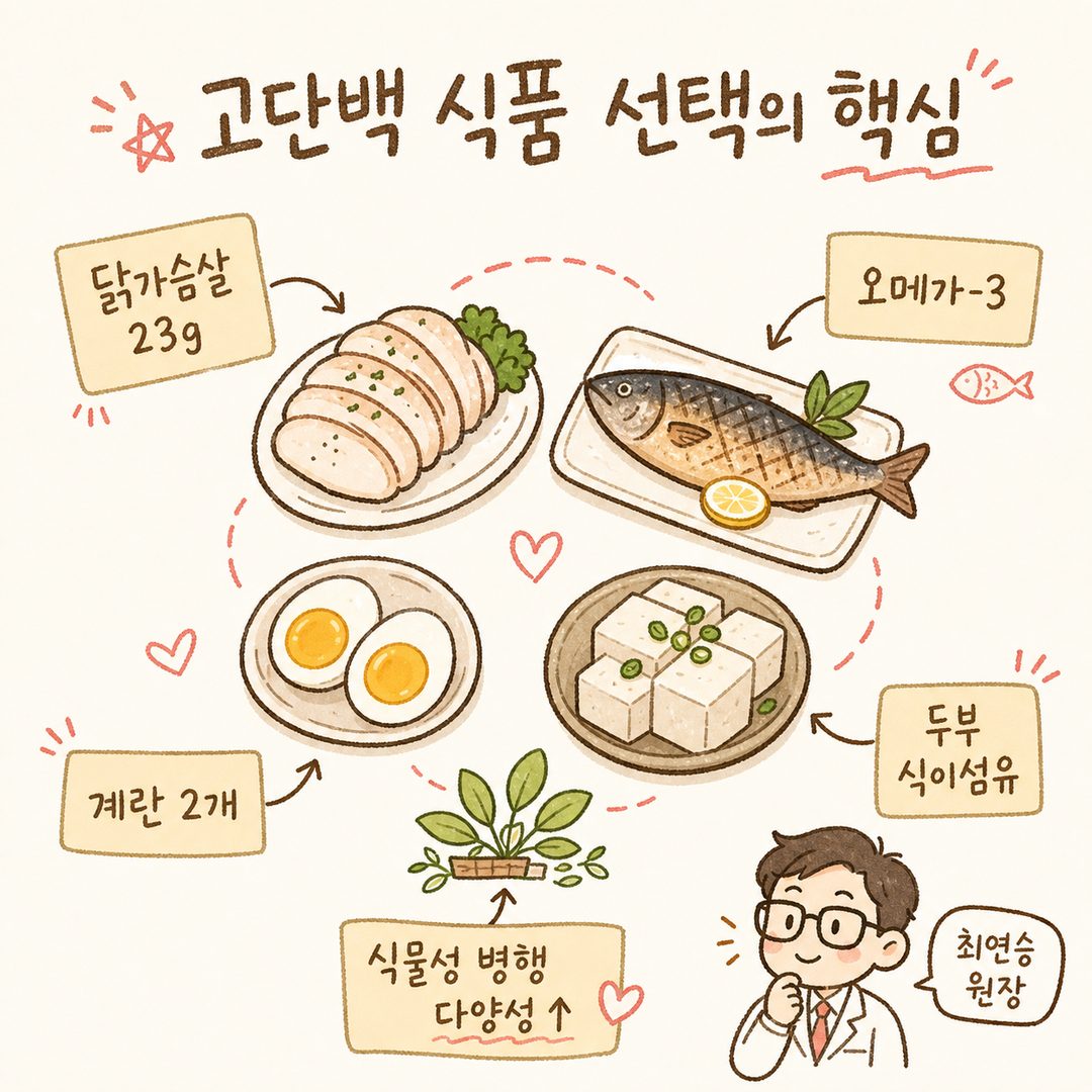 4-5种烹饪好的蛋白质食物呈圆形排列。鸡胸肉、烤鱼、煮鸡蛋、豆腐等分别用箭头和标签标注特征。如“高蛋白·低脂肪”、“欧米伽-3”、“膳食纤维”等