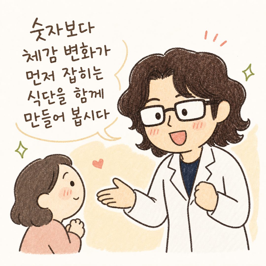 원장 캐릭터가 밝은 표정으로 환자에게 '체감 변화가 먼저 잡히는 식단을 같이 만들어 갑시다'라고 권하는 마무리 장면