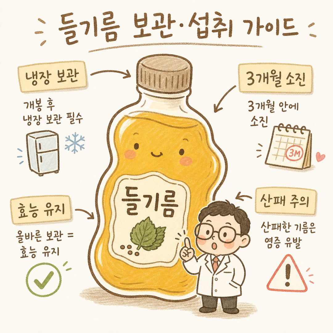 在紫蘇油瓶上標註箭頭與標籤的產品指南風格。配置冰箱、日曆、注意酸敗圖示等，讓人一目了然正確的保存方法