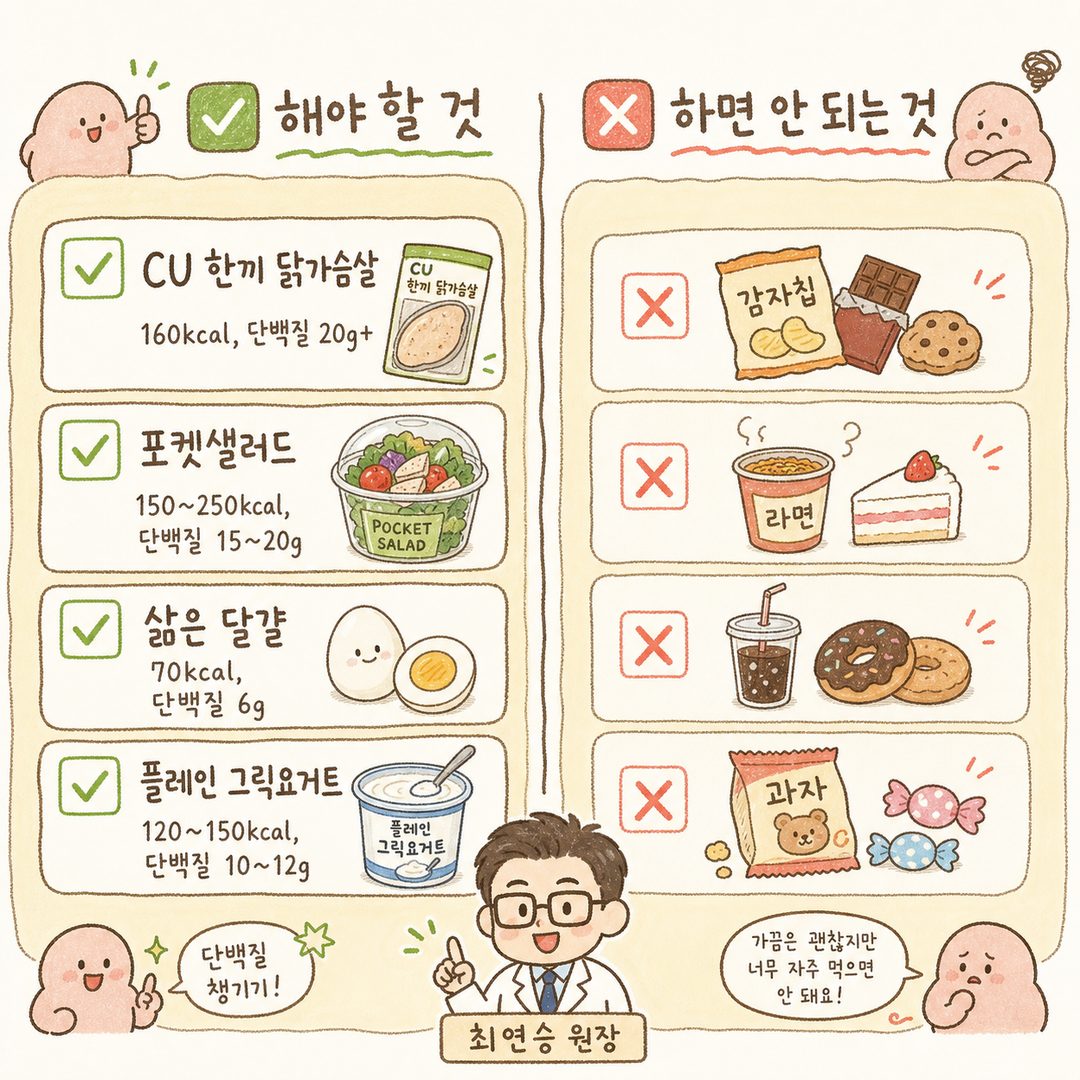 清单形式的4种便利店蛋白质食品：每款产品均带有✅标记并注明热量和蛋白质含量。CU一顿鸡胸肉牛排(160kcal, 20g+), Pocket Salad, 熏蛋, The Danbaek希腊酸奶