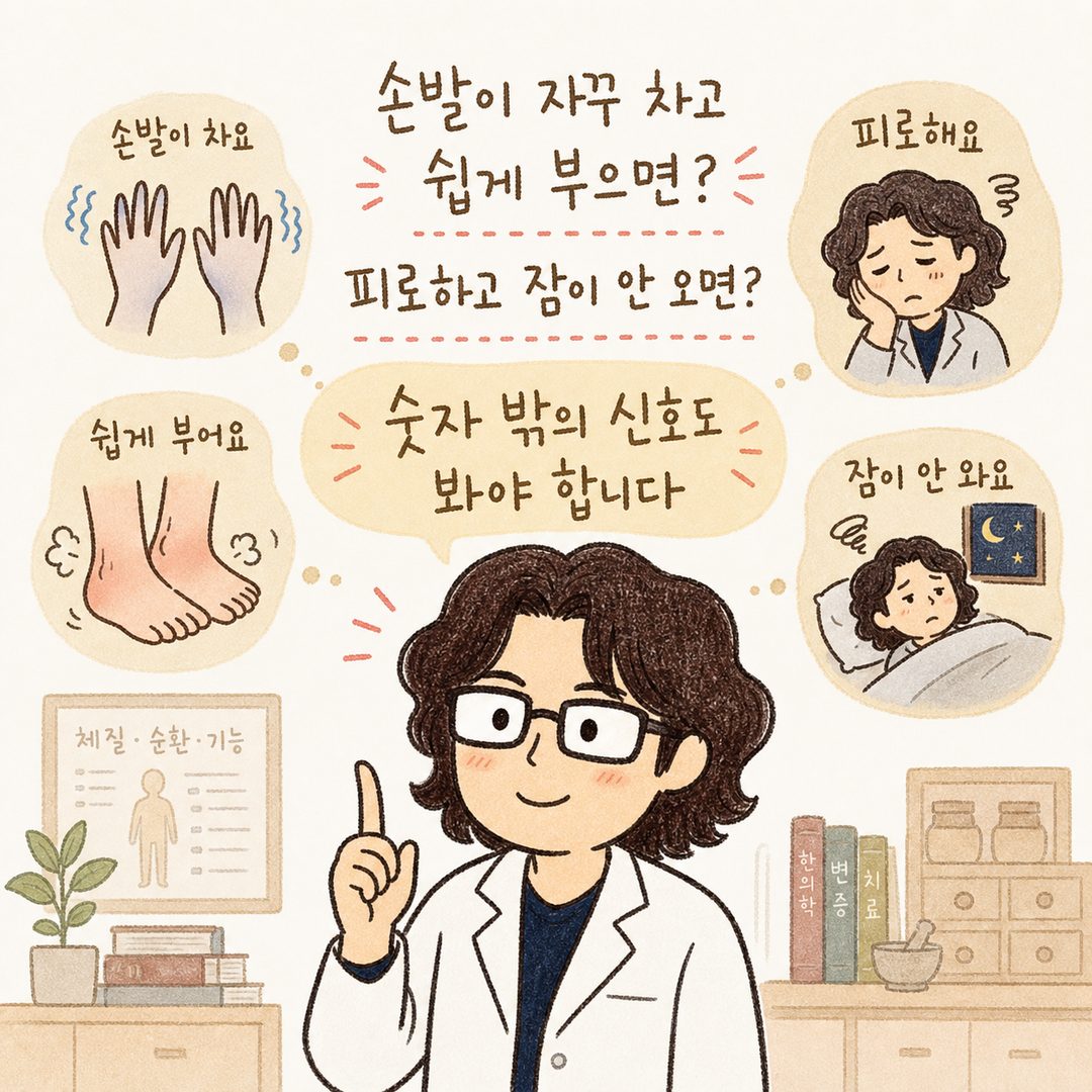 한의사 캐릭터가 환자의 여러 신체 신호들을 종합적으로 살피며 설명하는 장면. 손발 차가움·부종·피로감·수면의 질 저하 등을 작은 아이콘이나 표현으로 표시하고, 의사가 이들을 한눈에