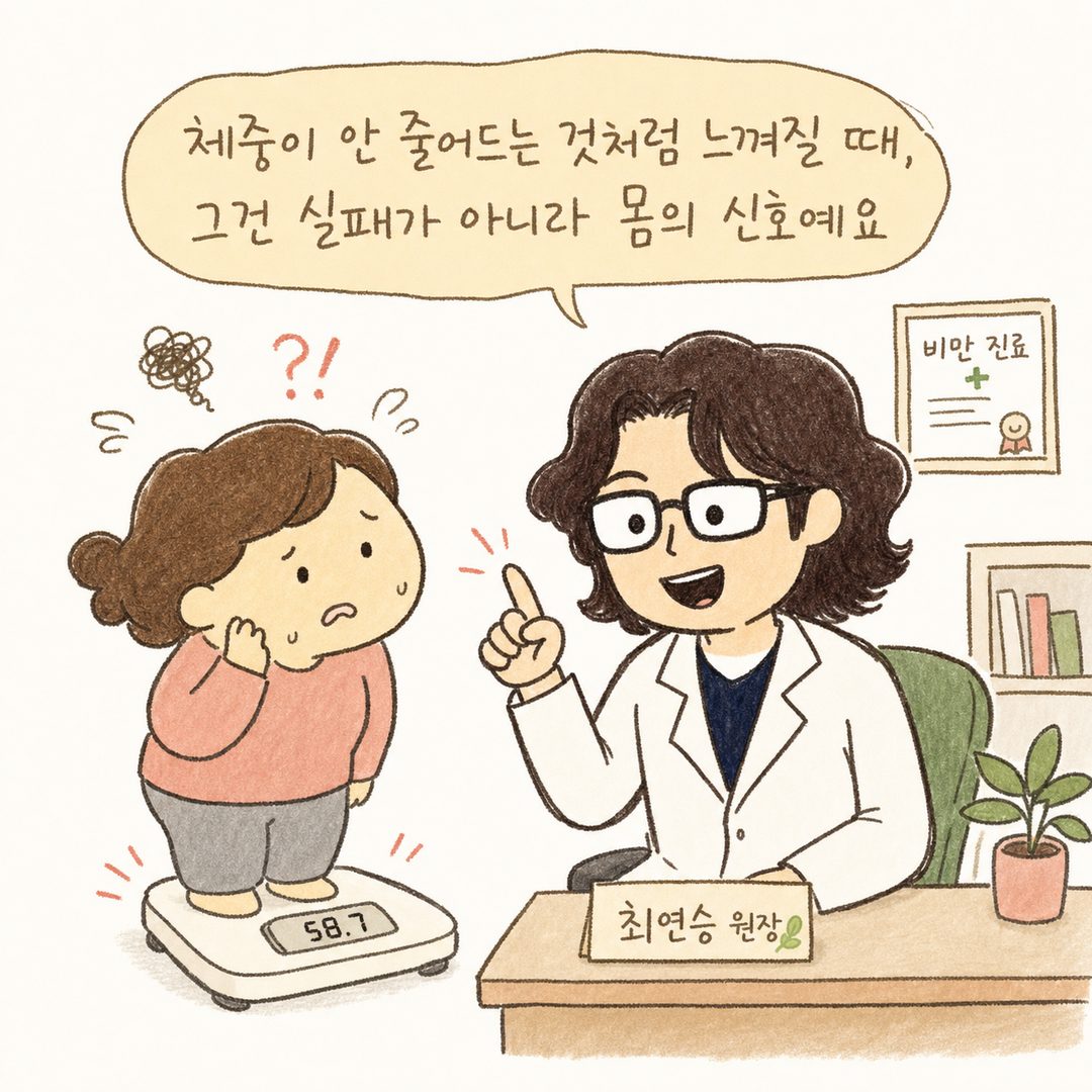 對體重計數字不下降感到鬱悶且混亂的女性角色。表現出診間共感的瞬間,與溫暖且具同理心的醫護人員面孔共同構成,建立情感連結