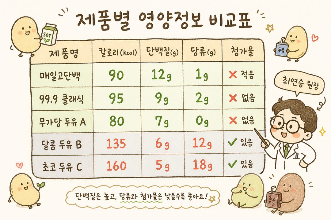 表格：比較 4~5 款適合減肥的豆漿營養資訊。行包含產品名稱（每日高蛋白、99.9 Classic 等），列包含熱量、蛋白質、糖分、是否有添加物。優質產品以綠色背景標示。