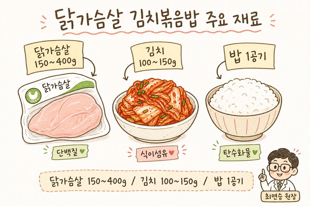 Labeled ingredients for chicken breast kimchi fried rice. Left: chicken breast pack (150-400g), Center: kimchi (100-150g), Right: 1 bowl of rice