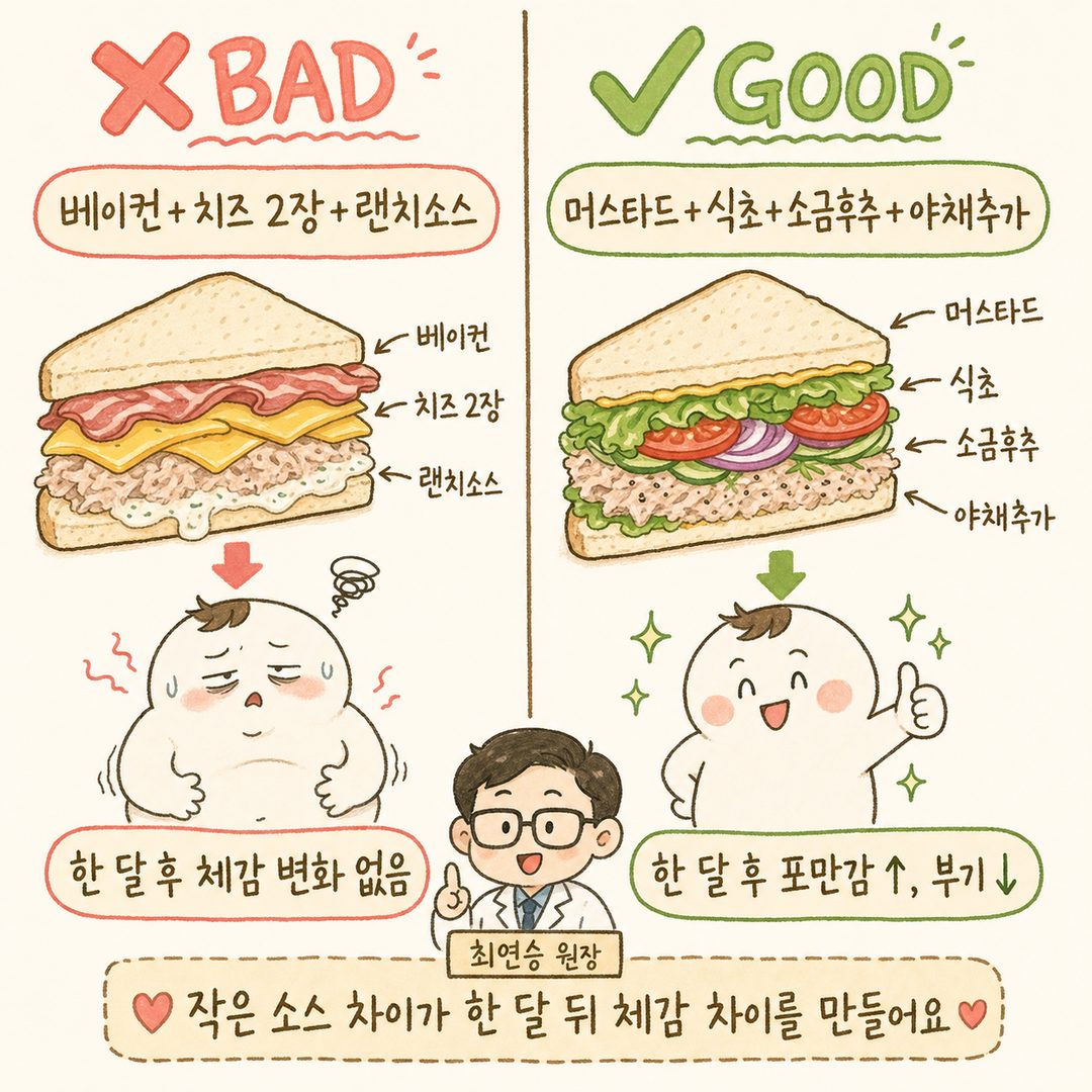 나쁜 조합(베이컨, 치즈 2장, 랜치 소스)으로 먹은 참치 샌드위치 vs 좋은 조합(머스타드, 식초, 소금후추, 야채 추가)으로 먹은 참치 샌드위치. 한 달 뒤 신체 변화의 차이를