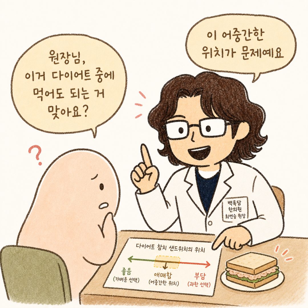 백록담 한의원 원장 캐릭터가 진료실에서 환자와 대면하며 '이 어중간한 위치가 문제예요'라고 설명하는 장면. 다이어트 참치 샌드위치의 애매한 위치를 강조
