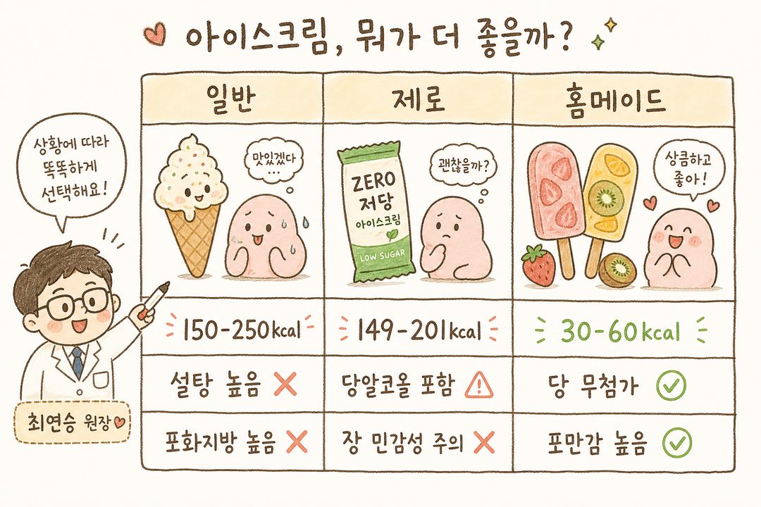 三欄對比表:『一般冰淇淋 vs 零糖/低糖冰淇淋 vs 自製水果冰棒』,每欄清晰顯示產品圖片、熱量、糖分、脂肪資訊並以顏色區分
