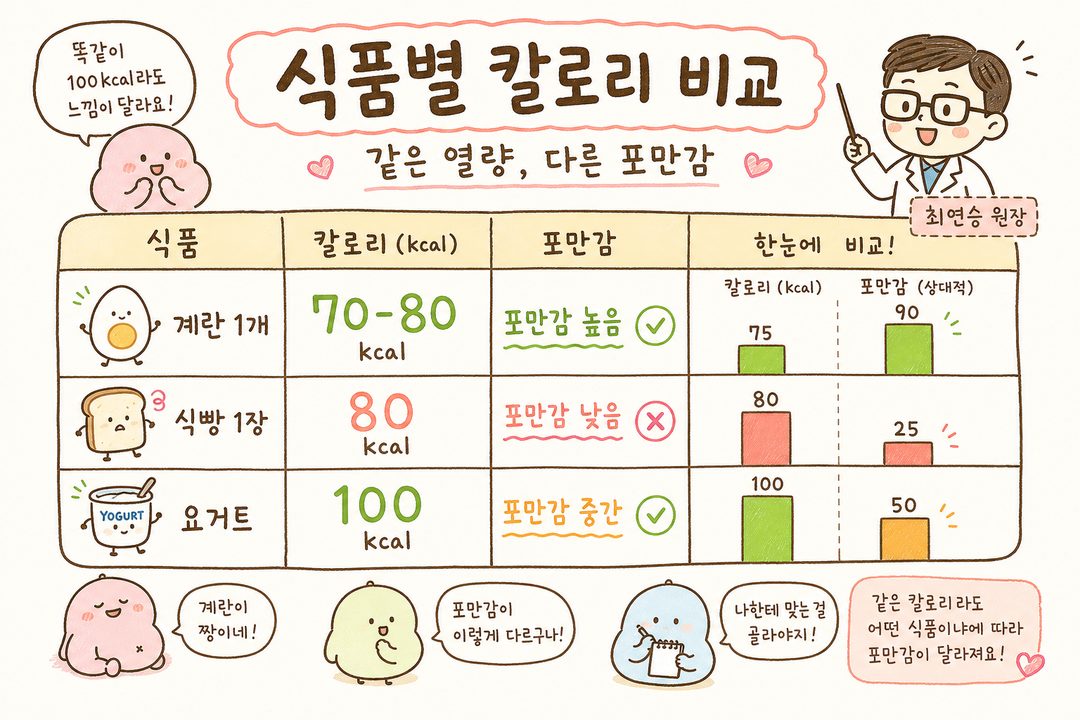 Bảng so sánh calo và cảm giác no theo thực phẩm: 1 quả trứng (70-80kcal/no lâu) vs 1 lát bánh mì gối (80kcal/nhanh đói) vs sữa chua (100kcal/trung bình). Trực quan hóa bằng biểu đồ cột