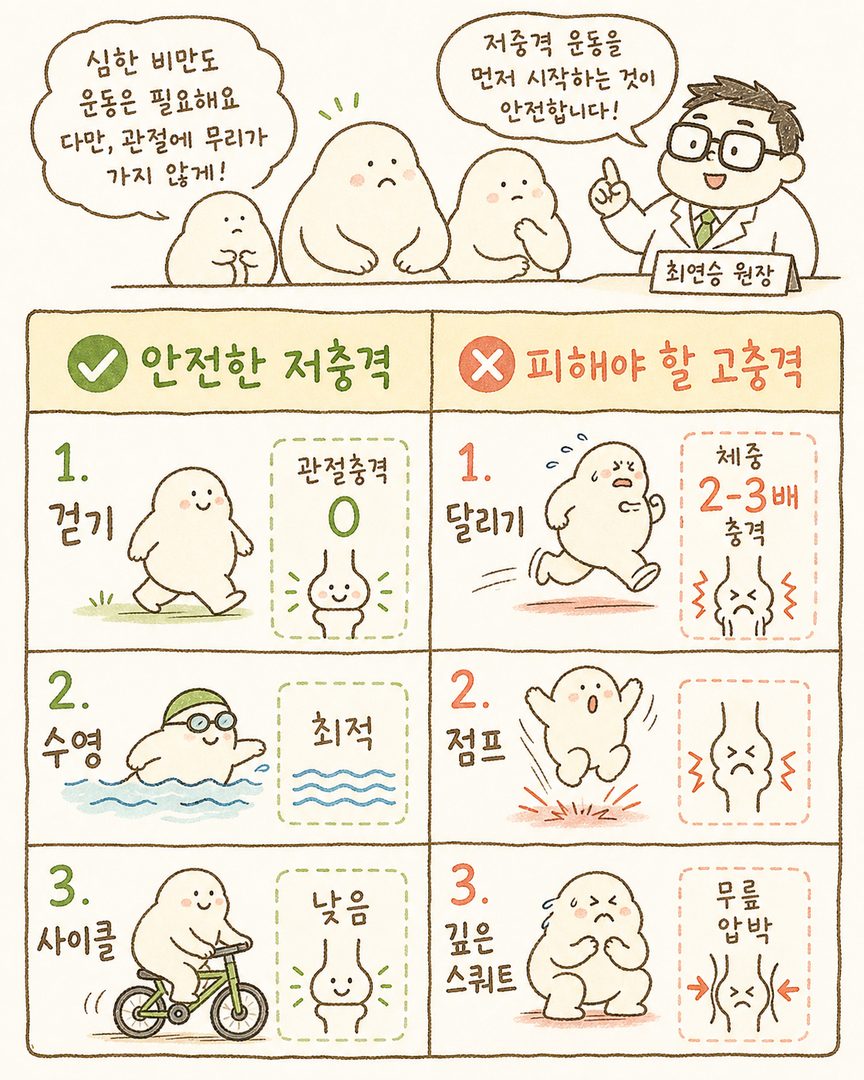 고도비만에 안전한 저충격 운동과 피해야 할 고충격 운동을 비교하는 2열 표. 좌측(초록색): 걷기(관절충격 0), 수영(최적), 사이클(낮음). 우측(빨강색): 달리기(체중 2-3