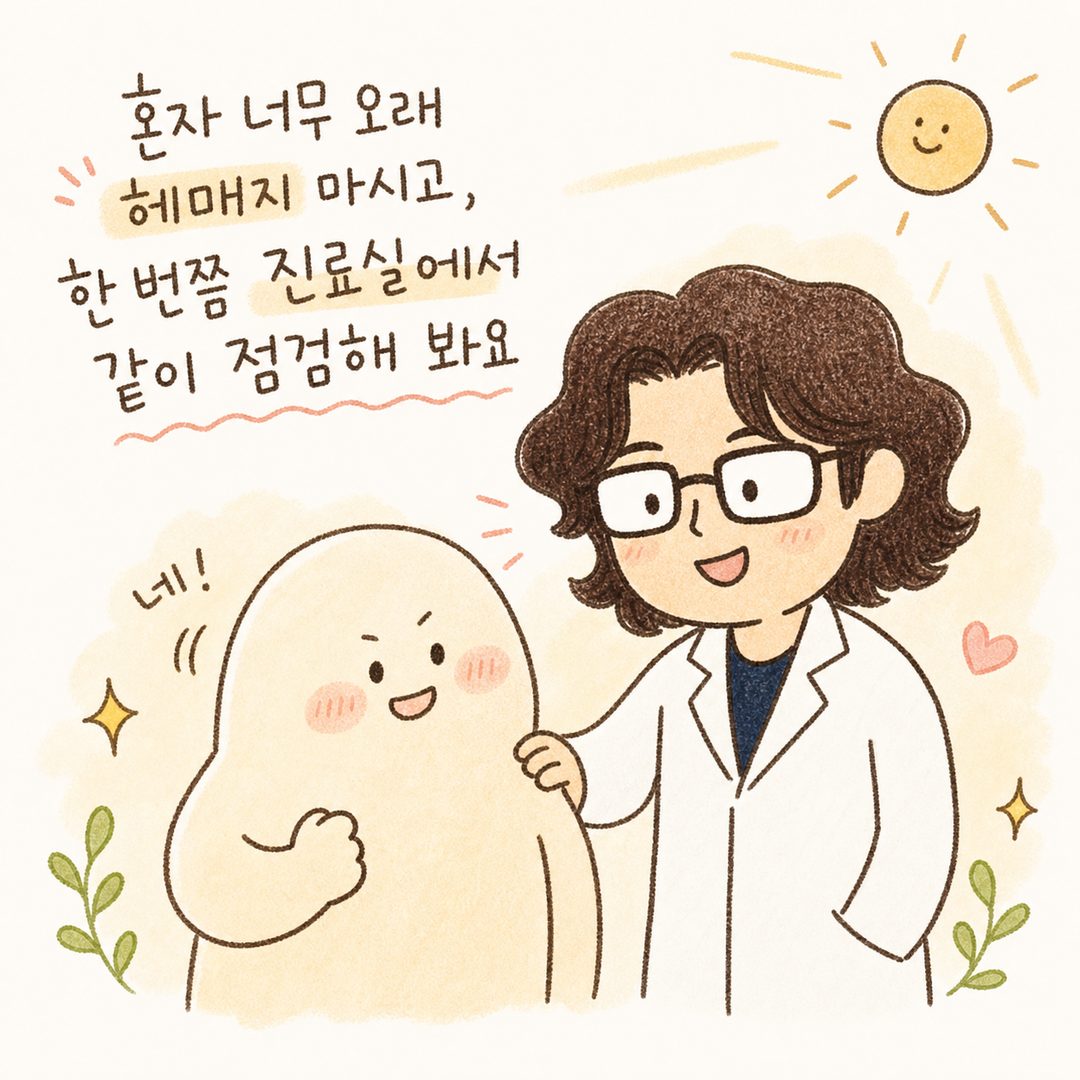院长带着温暖的微笑站在患者身边，手搭在患者肩膀上给予鼓励，背景阳光明媚氛围积极，患者点头表示安心并露出坚定的表情