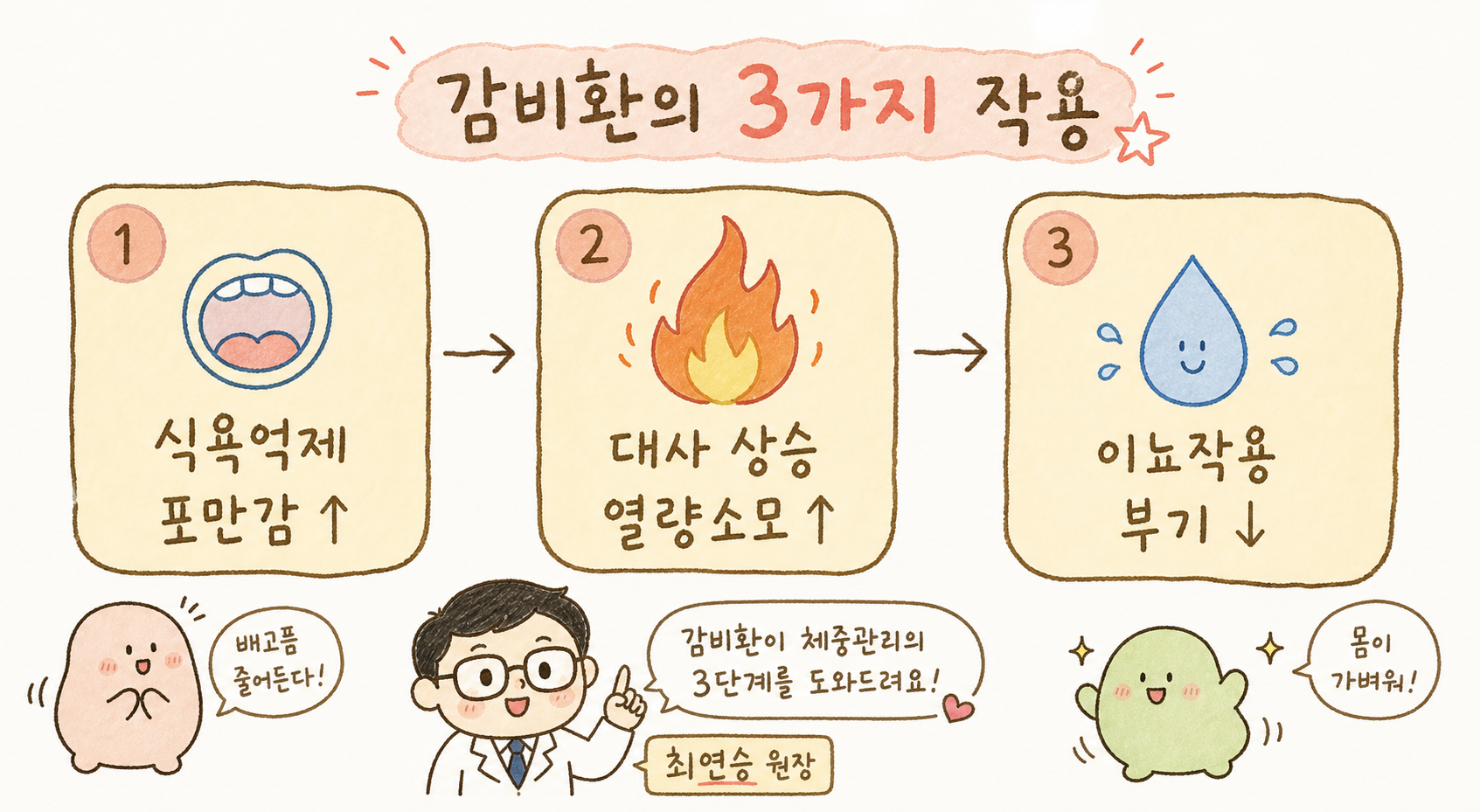 表现感肥丸3种作用的1→2→3流程图。(第1阶段) 抑制食欲 & 增加饱腹感 - 嘴部图标，蓝色 / (第2阶段) 提高基础代谢 & 增加热量消耗 - 火焰