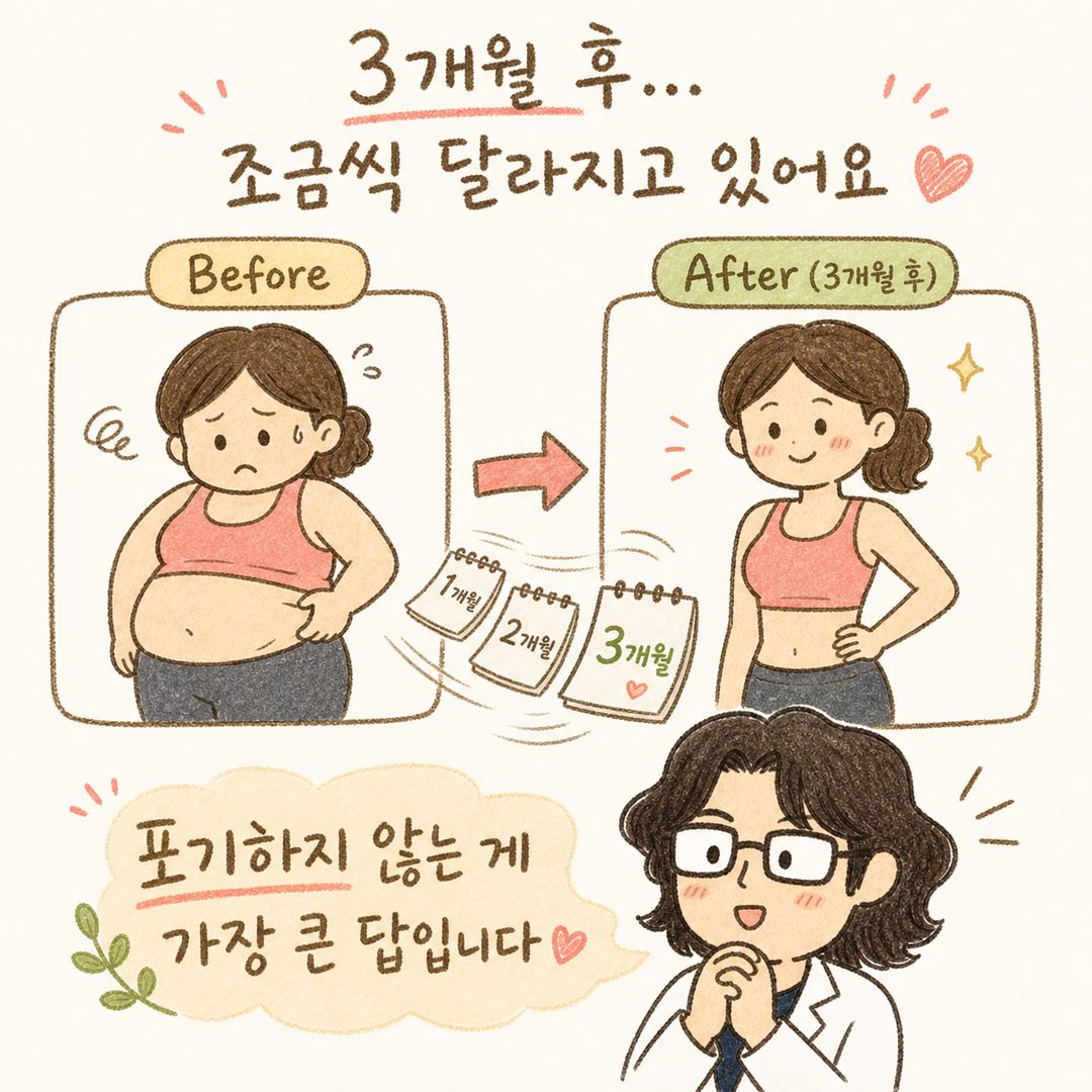 女性角色的Before(左)與After(右)雙框構成。左側:腰部贅肉較多,表情不安地抓著肚子。右側:3個月後身形更苗條,露出淡淡微笑。