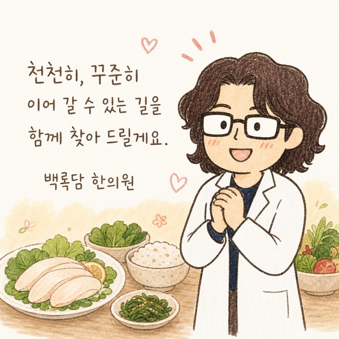 Đội ngũ y tế của Phòng khám Baekrokdam đang cổ vũ với gương mặt rạng rỡ. Cử chỉ ấm áp như chắp tay hoặc giơ ngón tay cái. Nền phía sau là ức gà tươi, rau xanh và mâm cơm khỏe mạnh được thể hiện nhẹ nhàng. Sự tin cậy