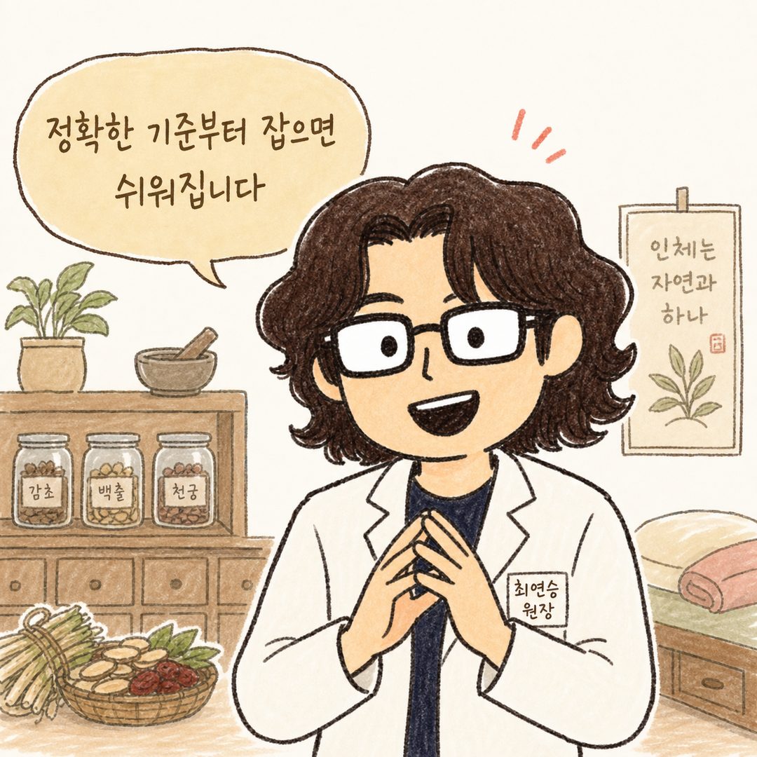 흰 가운을 입은 한의사 캐릭터가 자신감 넘치는 표정으로 카메라를 바라보며 양손을 모아 설명하는 포즈. 배경에는 약초와 한의원 진료실 분위기가 부드럽게 표현. 캐릭터 옆에 말풍선으로
