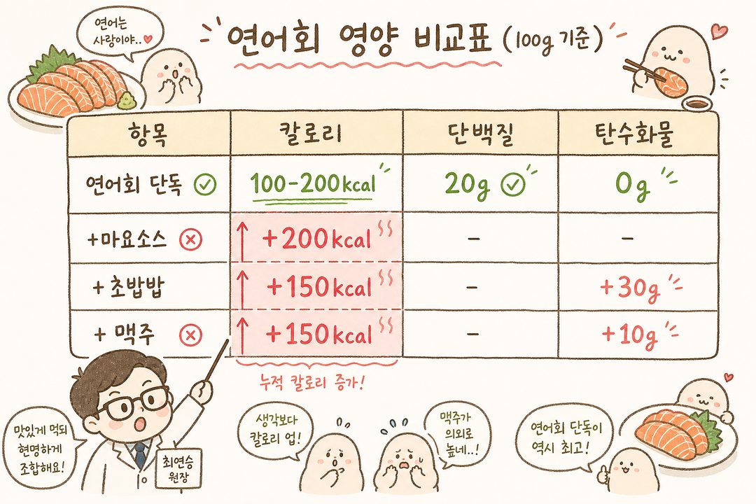 연어 100g 기준 영양 성분 비교표. 행으로는 [연어회 단독], [+마요소스], [+초밥밥], [+맥주] 항목을 표시하고, 열로는 칼로리, 단백질, 탄수화물을 구분. 칼로리가 증