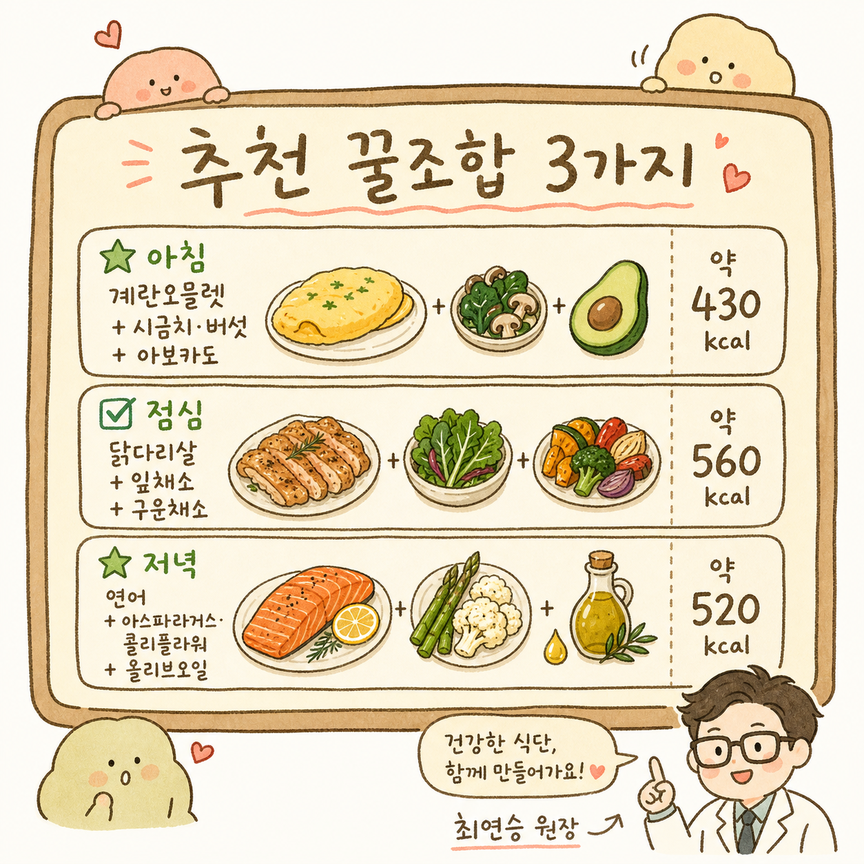 카페 메뉴판 스타일로 '추천 꿀조합 3가지'를 3개 박스로 표현. 조합 1(계란 오믈렛+시금치+아보카도), 조합 2(닭다리살+잎채소+구운채소), 조합 3(연어+아스파라거스+올리브오