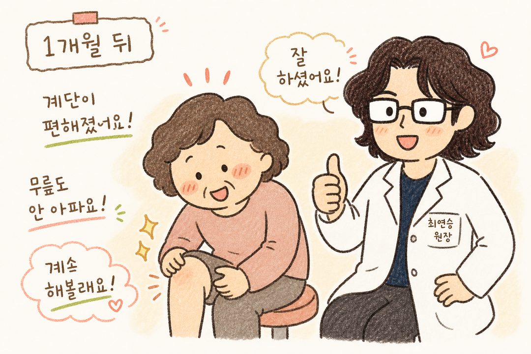 1개월 뒤 재진료 때 환자가 만족스럽게 웃으며 무릎을 확인하는 장면. 의료진이 엄지손가락을 올리며 칭찬하고 있음. 환자 주변에는 '계단이 편해졌어요', '무릎이 안 아파요', '밤