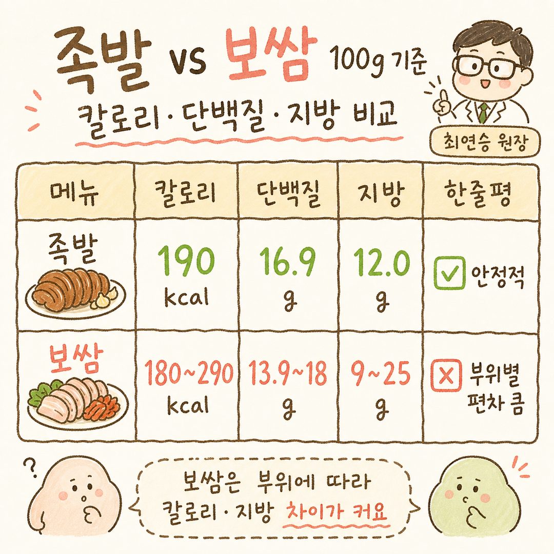 豬蹄 100g(190kcal,蛋白質 16.9g,脂肪 12.0g)vs 白切肉 100g(180-290kcal,蛋白質 13.9-18g,脂肪 9-25g)的營養成分表格