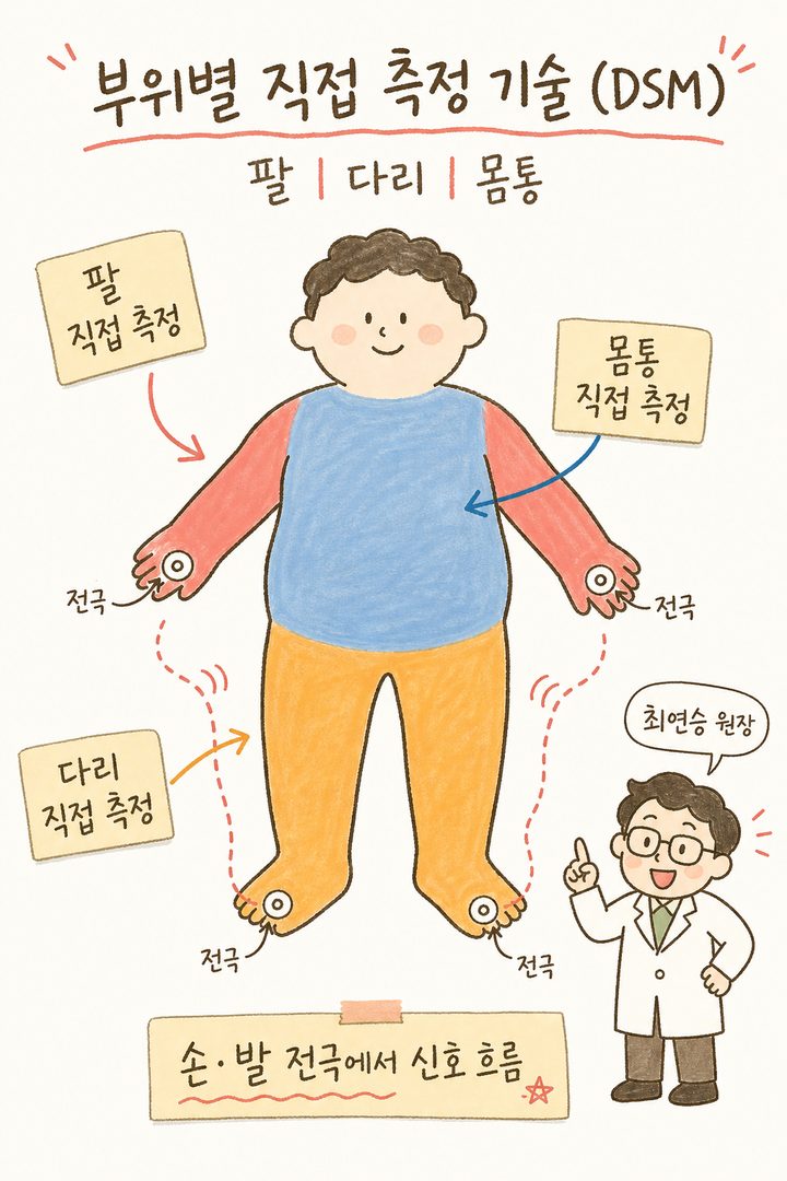 Sơ đồ hình bóng cơ thể người nhìn từ chính diện. Các mũi tên và nhãn dán ở ba bộ phận: tay, chân và thân mình hiển thị 'Đo lường trực tiếp từng bộ phận'. Ở phần tay và chân có biểu tượng điện cực nhỏ và nhãn 'Điện cực'.