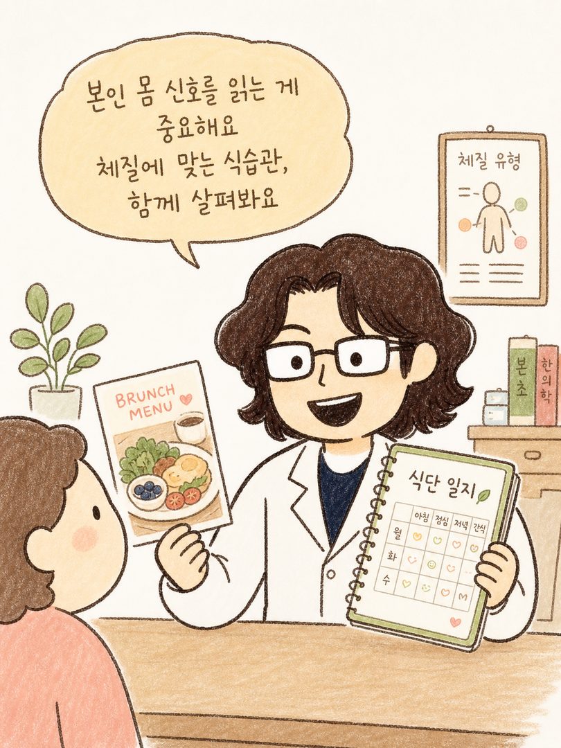 흰 가운을 입은 한의사 캐릭터가 진료실에서 환자를 따뜻한 표정으로 맞이하고 있으며, 손에는 브런치 메뉴 사진과 식단 일지를 들고 있는 모습. 신뢰감 있고 친근한 진료 분위기